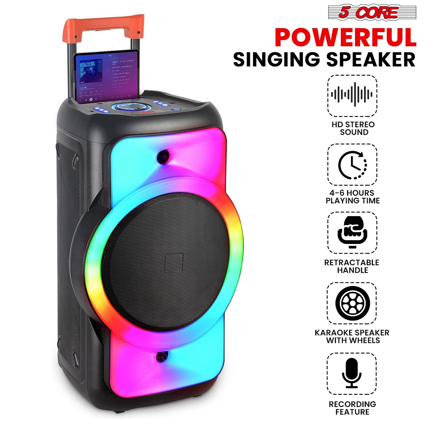 5Core Bluetooth Party Speaker 12 inch PA RGB Partybox Karaoke Machine + 2 Wireless Mic