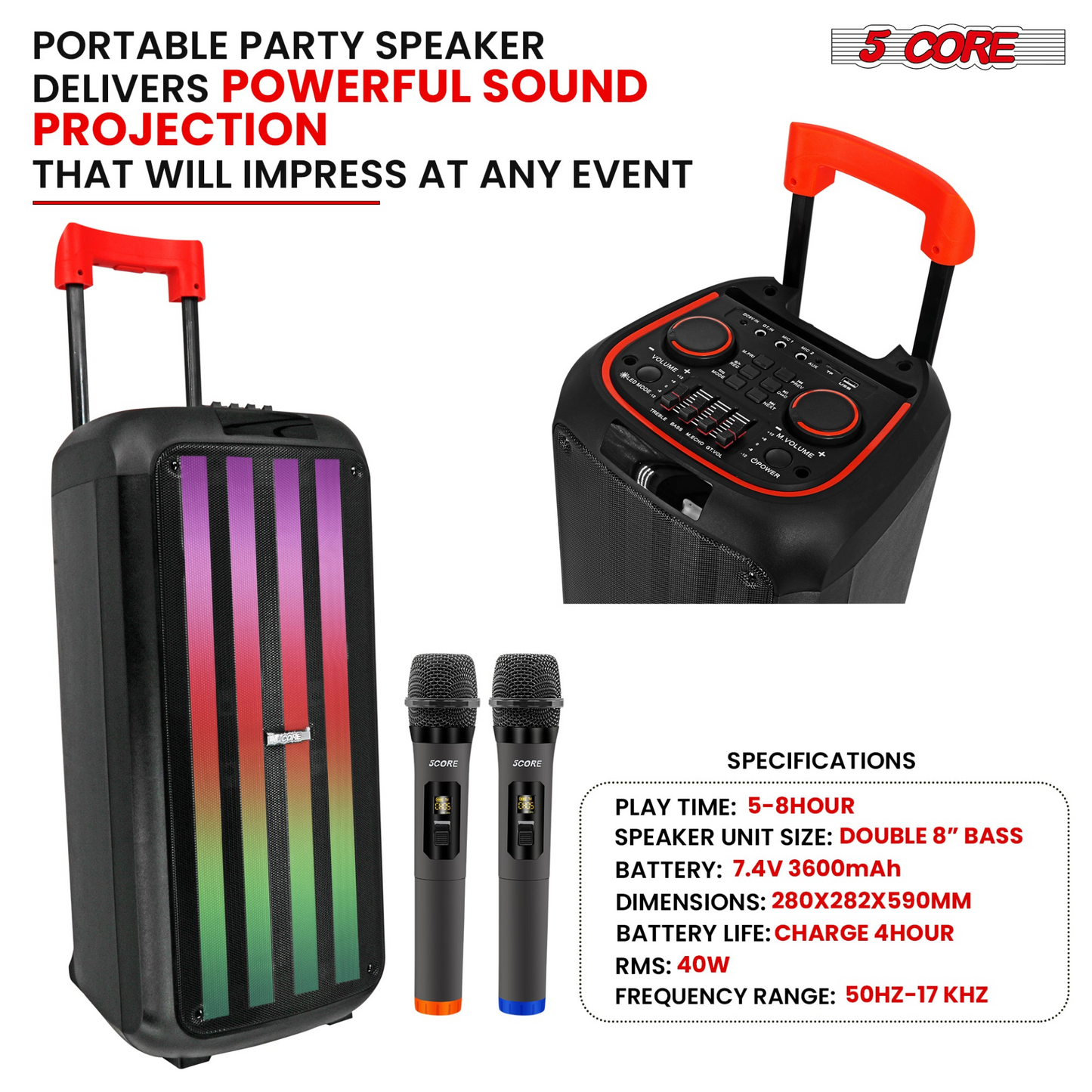 5Core Bluetooth Party Speaker 8 inch PA RGB Partybox Karaoke Machine + 2 Wireless Mic